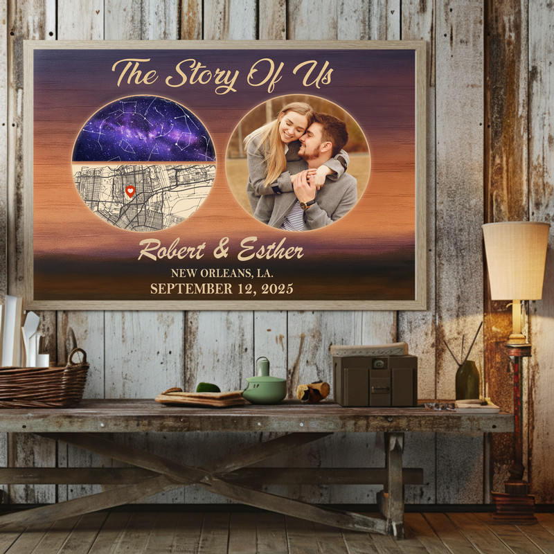 The Story Of Us canvas print with custom photo collage, names and wedding date, star map, anniversary gift for couples