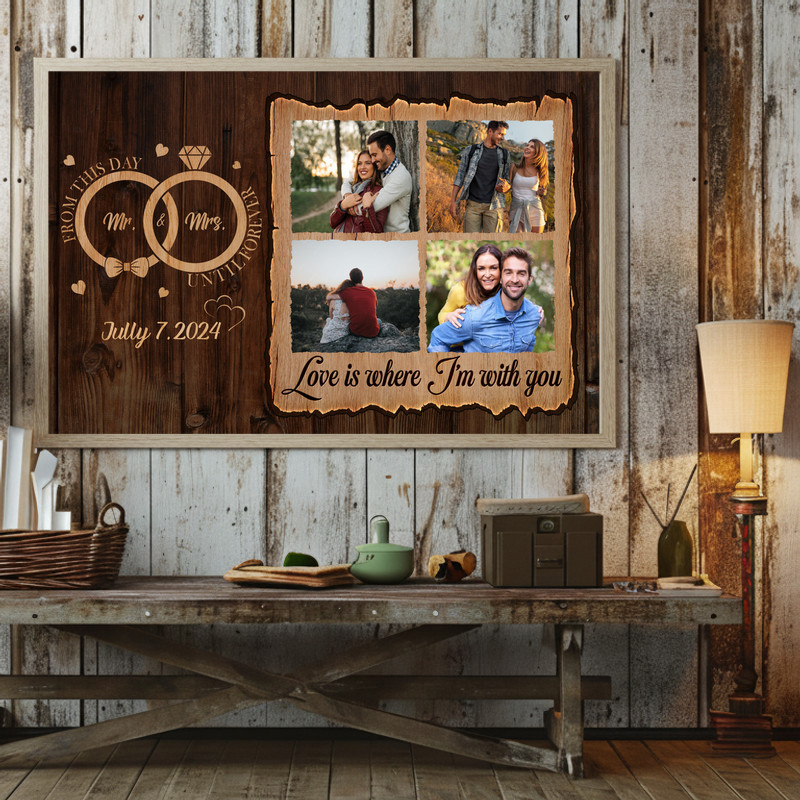 Personalized wedding proposal couple photo canvas wall art, barnwood backdrop, modern serif names, perfect engagement gift