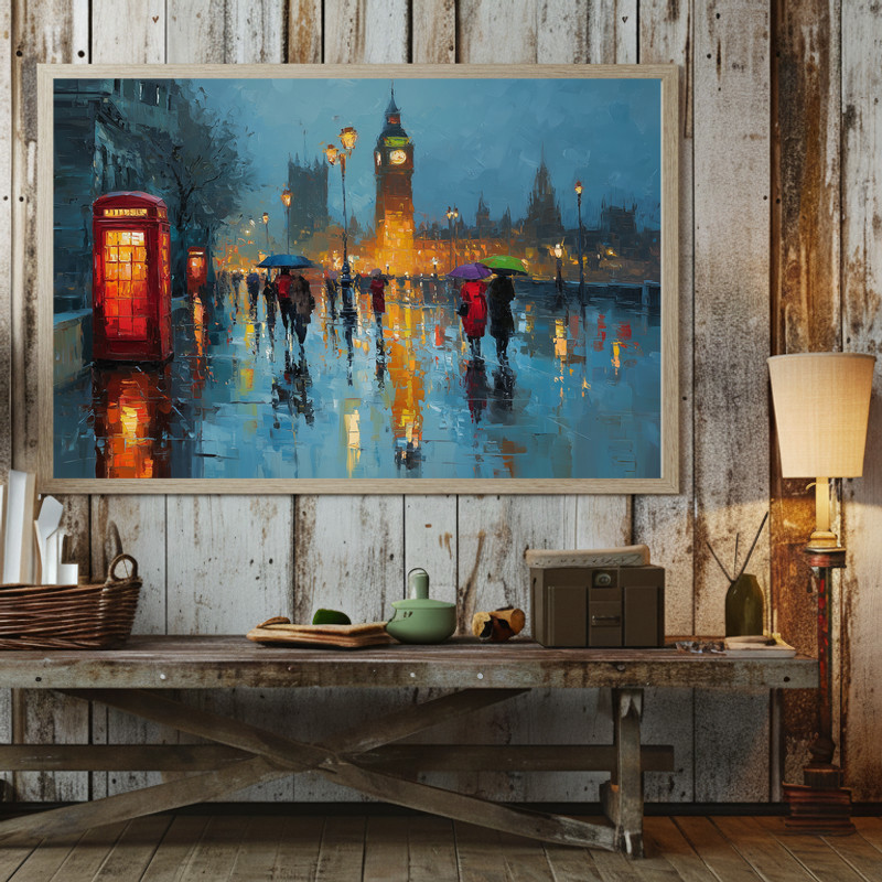 Rainy London stroll canvas wall art, textured oil city street in rain with umbrellas and puddles, horizontal wide