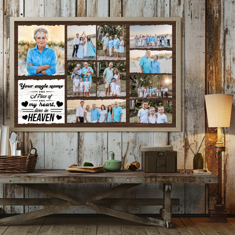 Remembrance canvas wall art photo collage, personalized tribute to loved one with dates, dove heart accents, vertical