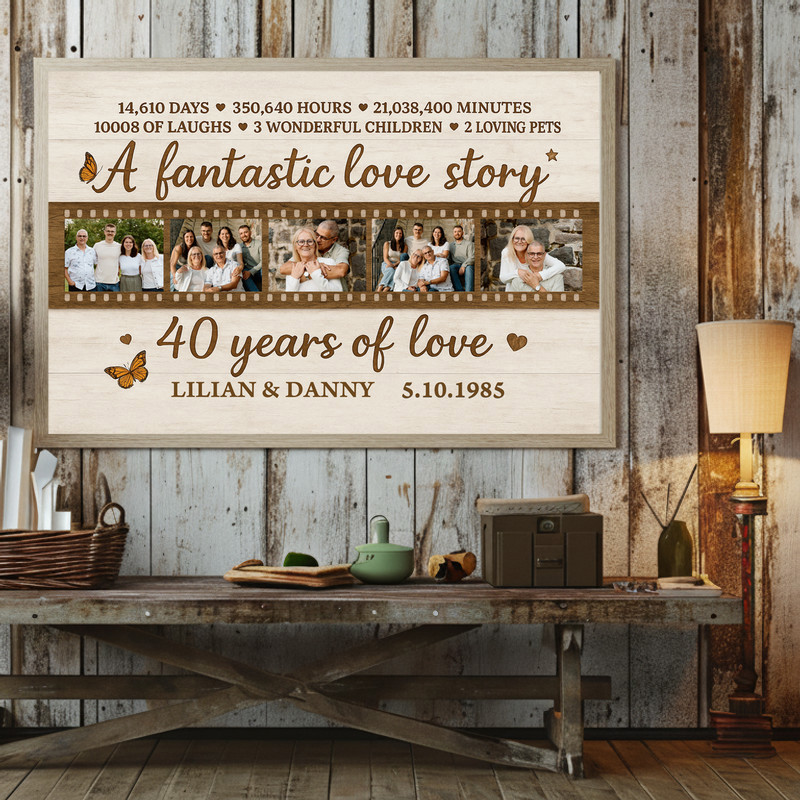 Ruby 40th wedding anniversary photo collage canvas, rustic farmhouse design with ruby accents, names and date for parents Ruby 40th wedding anniversary photo collage canvas, rustic farmhouse design with ruby accents, names and date for parents
