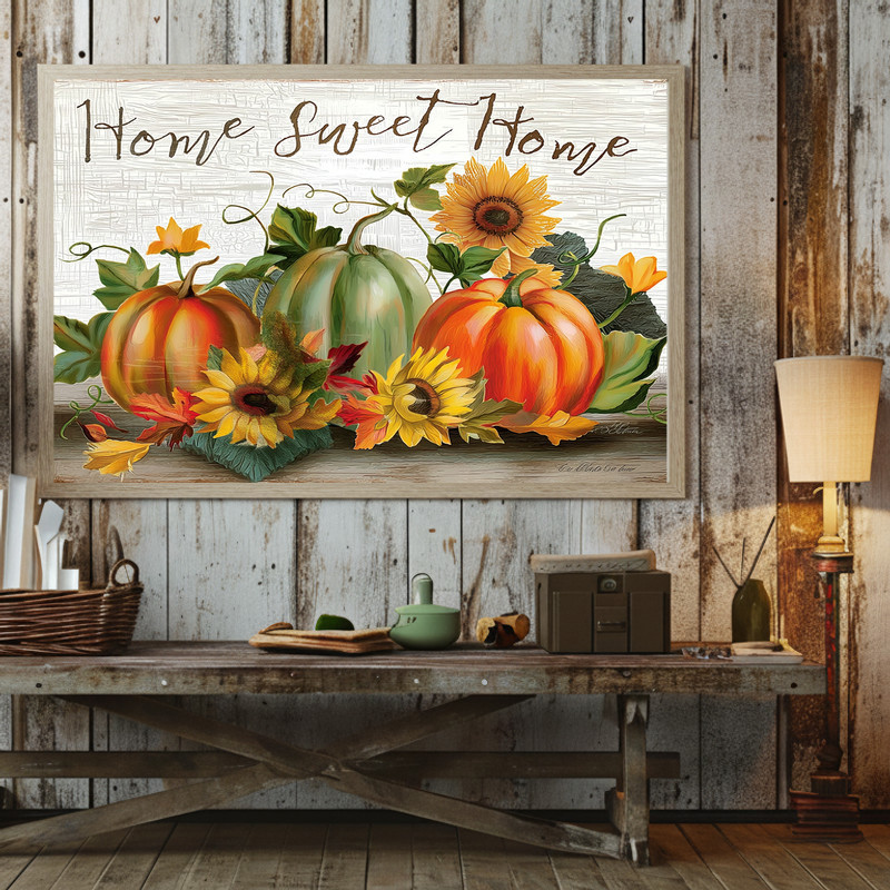 Rustic autumn pumpkins and sunflowers canvas wall art, farmhouse 'Home Sweet Home' sign for hallway, cozy fall entry decor