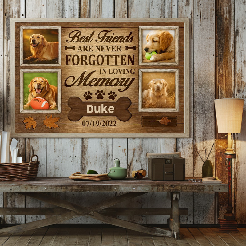 Rustic fall dog memorial photo collage canvas for sympathy gift, woodgrain backdrop and 'Best Friends Are Never Forgotten'