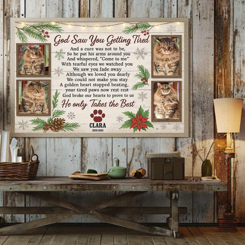 Rustic farmhouse Christmas cat memorial canvas wall art, personalized photo collage, condolence gift for cat lovers