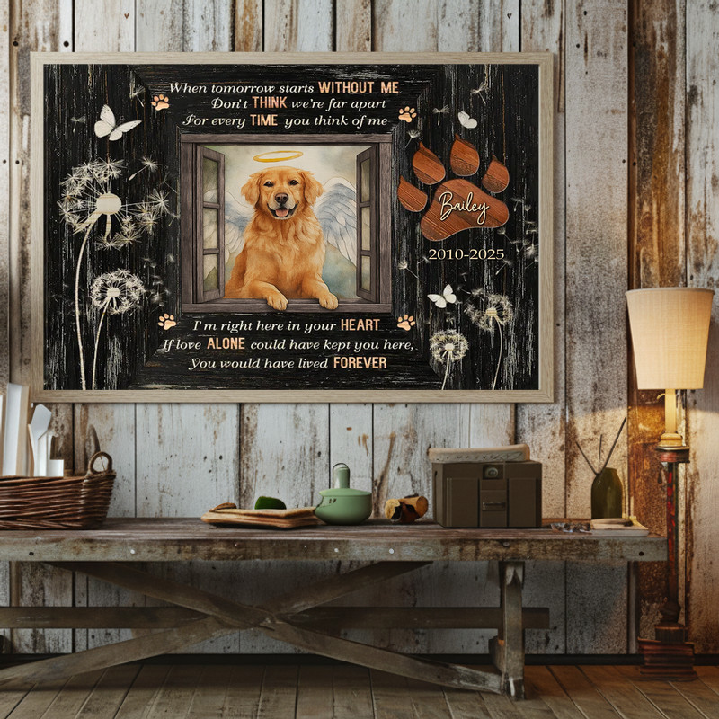Dog memorial canvas in rustic wood-look style, personalized photo frame with name and dates, In Loving Memory message