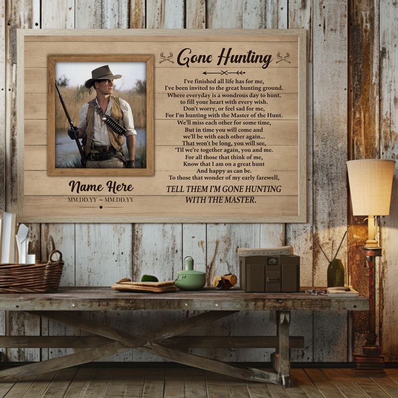 Rustic hunting memorial canvas wall art, personalized Gone Hunting keepsake, custom text condolence gift for outdoor lovers.