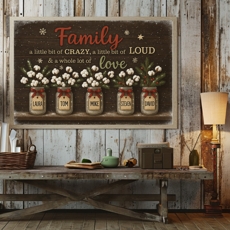 Rustic farmhouse canvas wall art featuring a family quote and personalized multi-name flower art, Christmas home decor gift