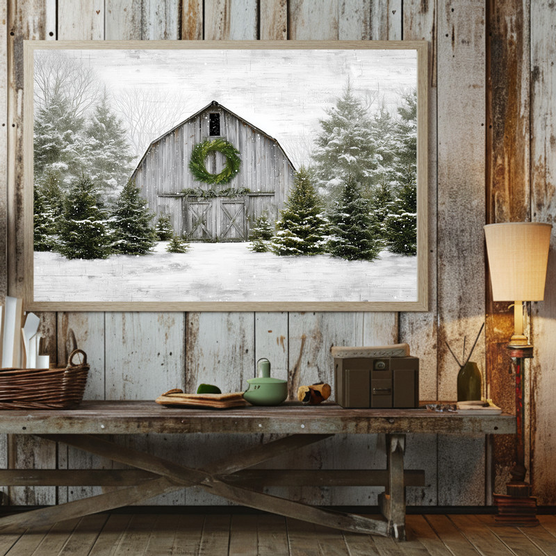 Winter farmhouse Christmas canvas wall art, rustic barn under softly falling snow, classic country accent for the entryway