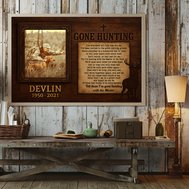 Remembrance canvas wall art with rustic Gone Hunting theme, personalized name and dates; memorial gift to honor a beloved hunter