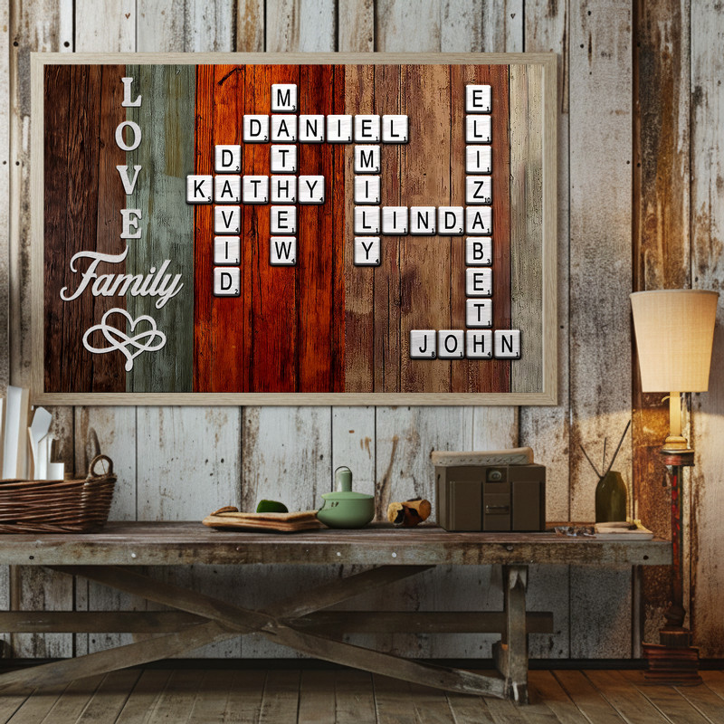Scrabble family name canvas wall art showcasing custom crossword names on neutral linen texture, entryway family decor