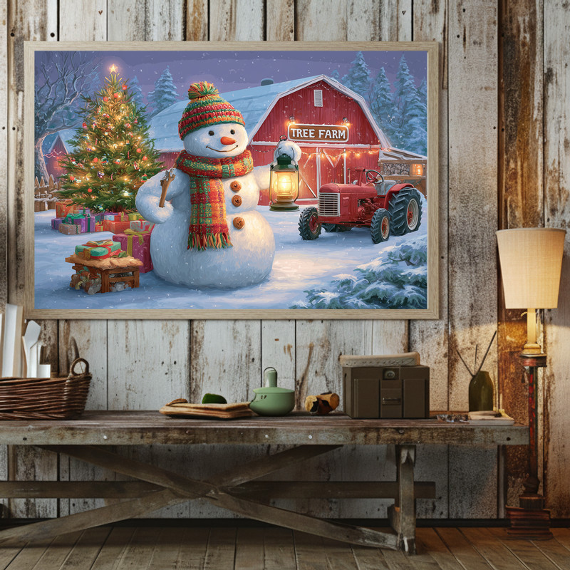 Cozy Christmas barn scene canvas wall art with rustic fence and twilight sky, snowman by trees, square print for hallway decor
