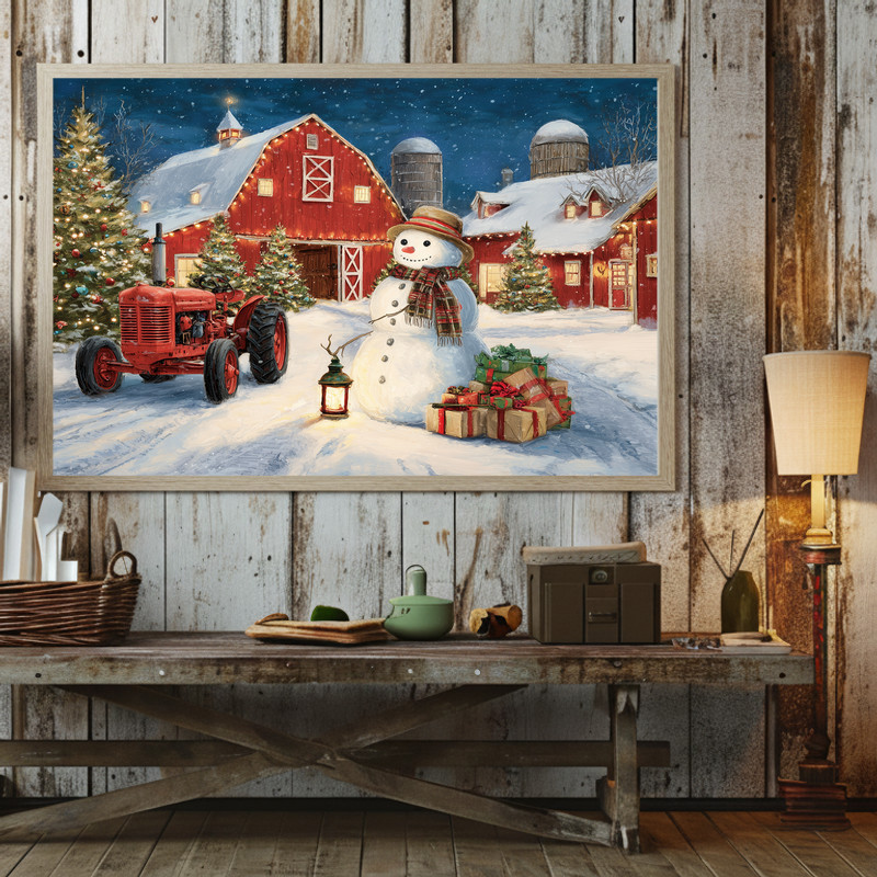 Snowy farmyard Christmas canvas wall art, barn, lantern glow and string lights create welcoming hallway accent. Snowy farmyard Christmas canvas wall art, barn, lantern glow and string lights create welcoming hallway accent.
