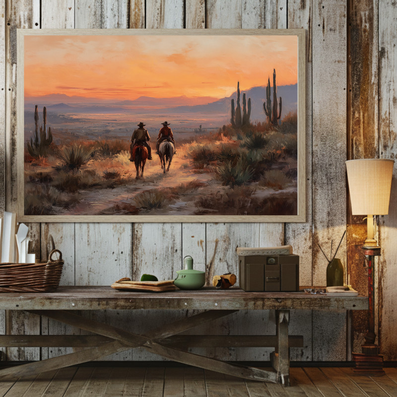Southwestern cowboys canvas wall art, oil painting of riders crossing a shallow river with reflections, panoramic landscape