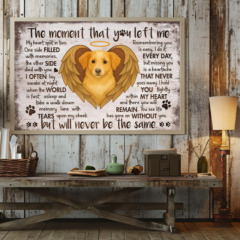 Pet loss memorial canvas wall art, rustic farmhouse design with memorial verse, natural linen look for hallway or living room