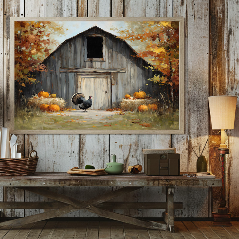 Rustic Thanksgiving barn canvas art, sepia-inspired tones, turkey silhouette near weathered timber for cozy entryway decor