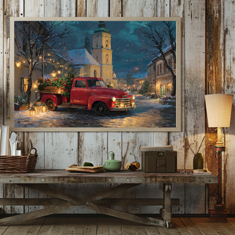 Vintage red truck Christmas city canvas wall art, snow-dusted streets with tree and stalls, nostalgic piece for entryway