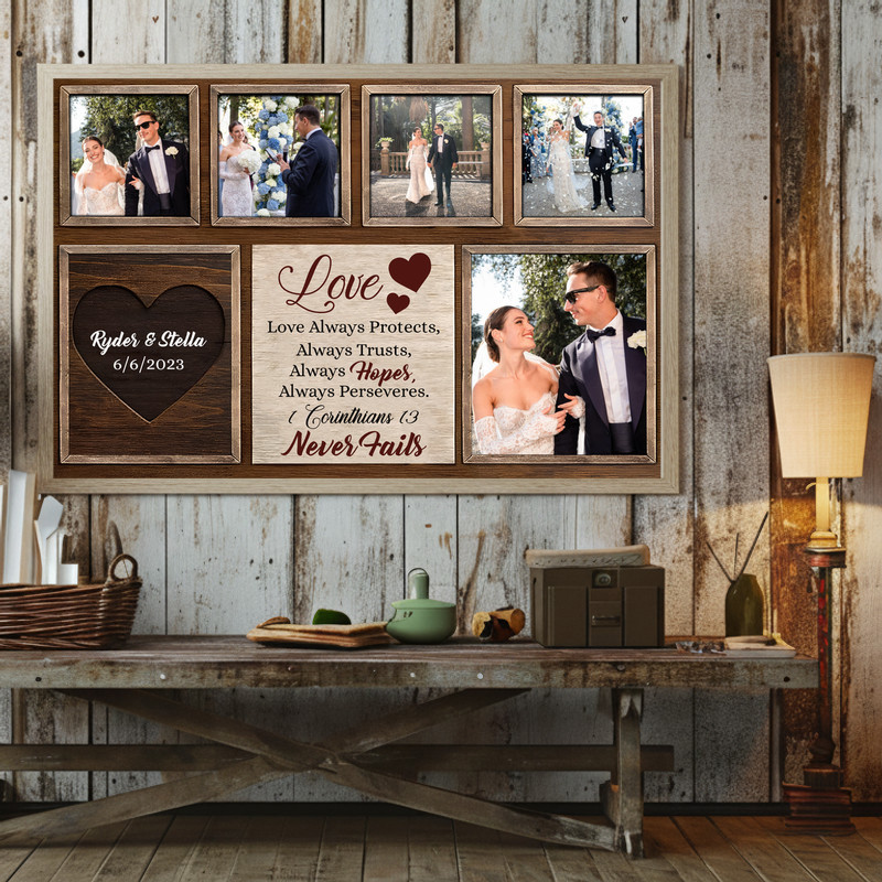 Wedding photo collage with Bible verse canvas wall art, multi-photo with scripture overlay, custom names and wedding date