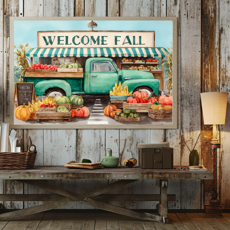 Thanksgiving market green truck canvas wall art, vintage farmstand banner, warm sepia accents for farmhouse entry decor