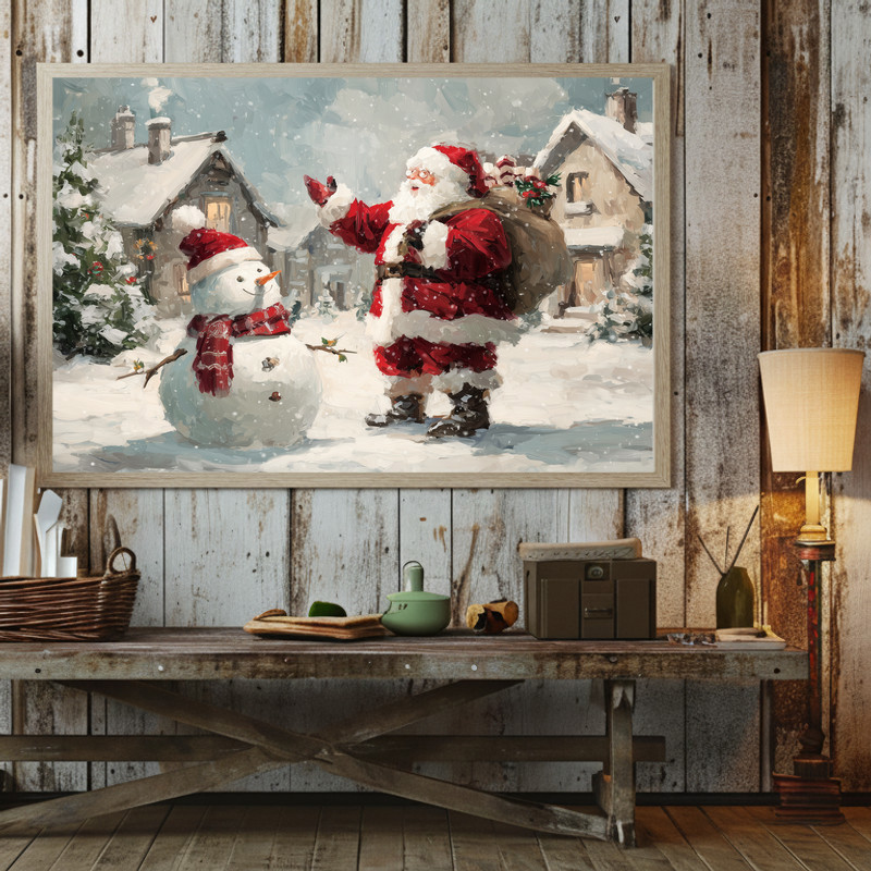 Whimsical Santa Claus and snowman canvas wall art, cheerful holiday hallway decor with colorful snowy backdrop for winter.