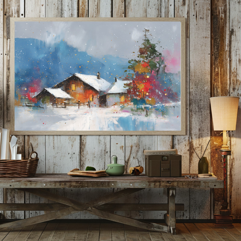 Winter cottage canvas wall art in watercolor style for hallway decor, calm snow-laden setting with cottage and pine grove.
