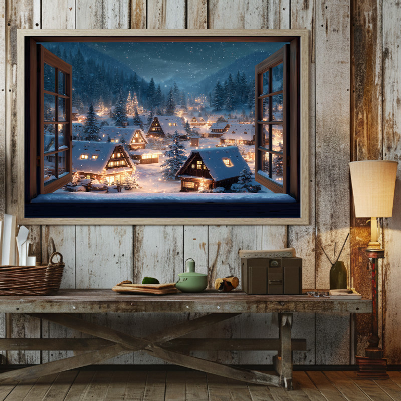 Cozy Christmas village canvas wall art with candlelit windows, snowy rooftops and a serene night sky for hallway decor