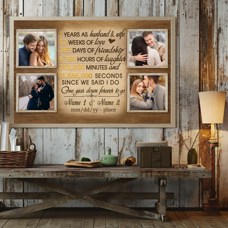 1 year anniversary photo collage canvas wall art marking first year together, personalized names and date with love timeline