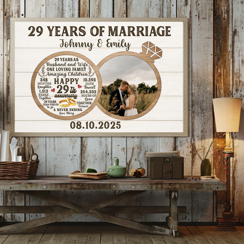 29 years together photo collage canvas, landscape layout, barnwood backdrop, personalized names and date, farmhouse decor 29 years together photo collage canvas, landscape layout, barnwood backdrop, personalized names and date, farmhouse decor