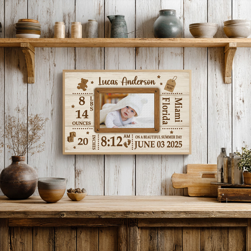 Birth announcement picture frame canvas, portrait orientation, neutral tones and script typography for nursery wall decor