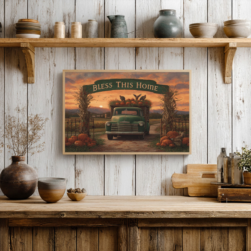 Bless This Home green truck farmhouse gate canvas wall art adds welcoming charm to entryway walls in rustic country style