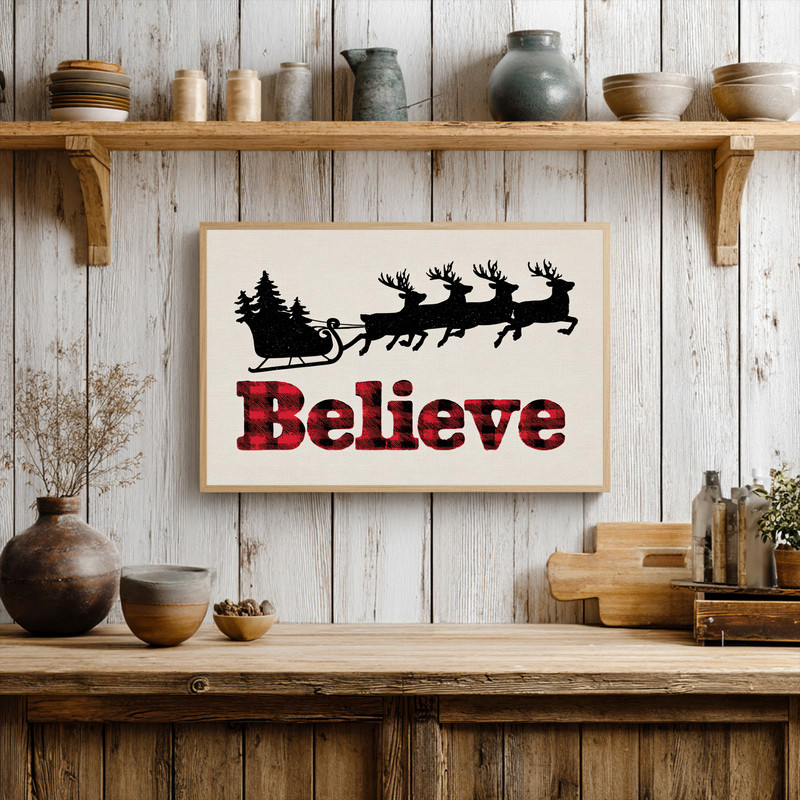 Buffalo plaid Santa sleigh Believe Christmas canvas wall art, rustic farmhouse look, landscape layout for hallway entryway Buffalo plaid Santa sleigh Believe Christmas canvas wall art, rustic farmhouse look, landscape layout for hallway entryway