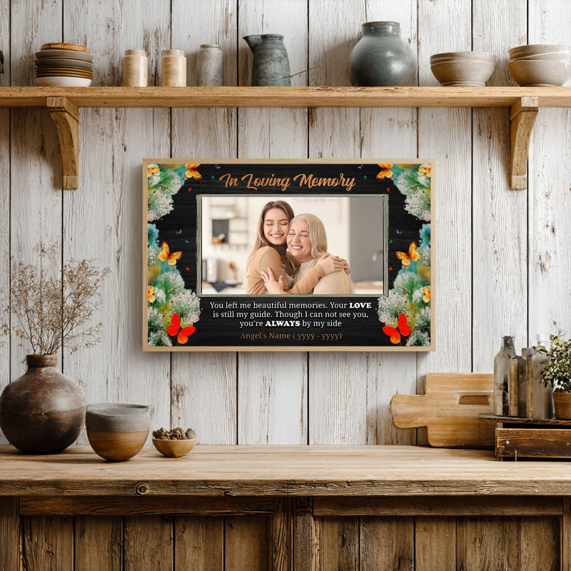 Butterfly memorial custom canvas wall art with photo, personalized name and dates, serene decor for living room remembrance