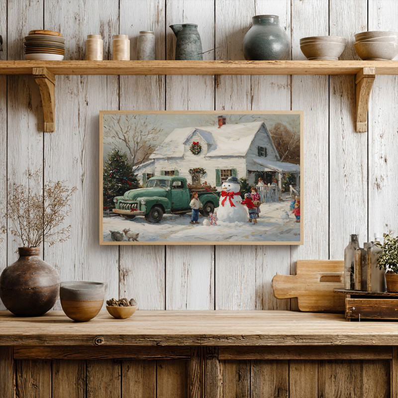 Snowy village scene with green truck Christmas canvas wall art, horizontal design with snow and tree laden vintage pickup