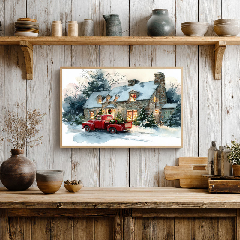 Christmas barn with red truck canvas wall art, snowy pine backdrop and wreath details, ideal for rustic entryway holiday decor.