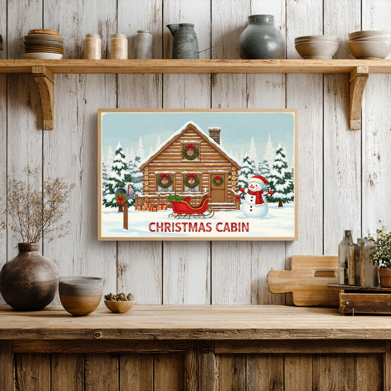 Christmas cabin canvas wall art featuring glowing windows and evergreens, inviting family-friendly decor for hallways