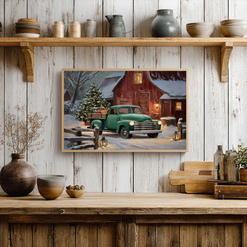 Christmas farmhouse green truck canvas wall art, cozy entryway accent featuring vintage pickup and holiday greenery