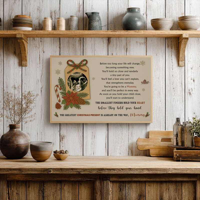 Christmas pregnancy announcement canvas wall art with personalized ultrasound, baby name and date, red green mantel decor
