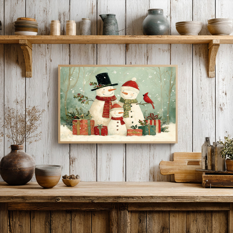 Christmas snowman family in forest canvas wall art with rustic farmhouse vibe, neutral palette for a cozy holiday hallway