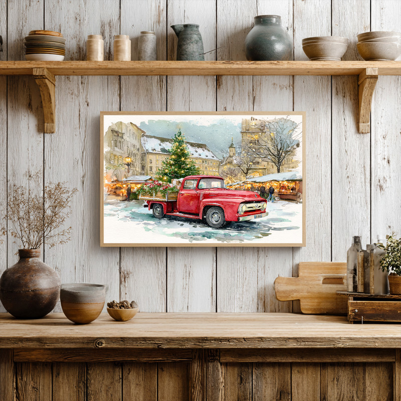 Cozy farmhouse porch canvas wall art, red pickup truck and lantern scene for holiday entryway decor, rustic charm