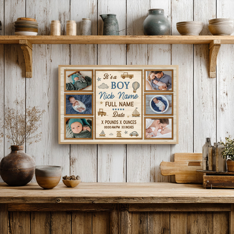 Newborn baby boy photo collage canvas, personalized milestone keepsake with photos and birth stats, rustic farmhouse decor