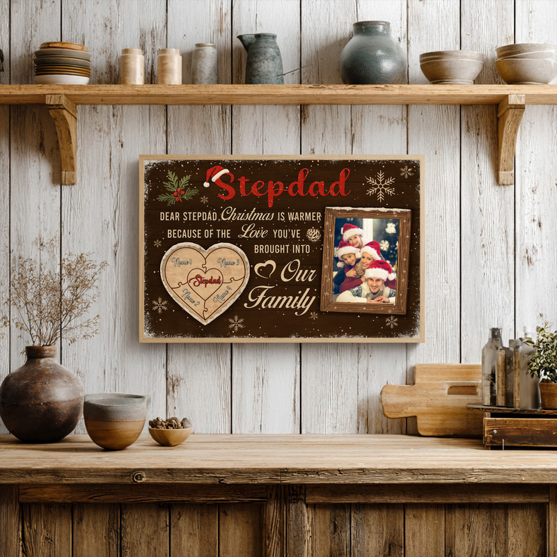 Christmas puzzle photo canvas wall decor personalized with kids' names and photo for stepdad, farmhouse style for living room