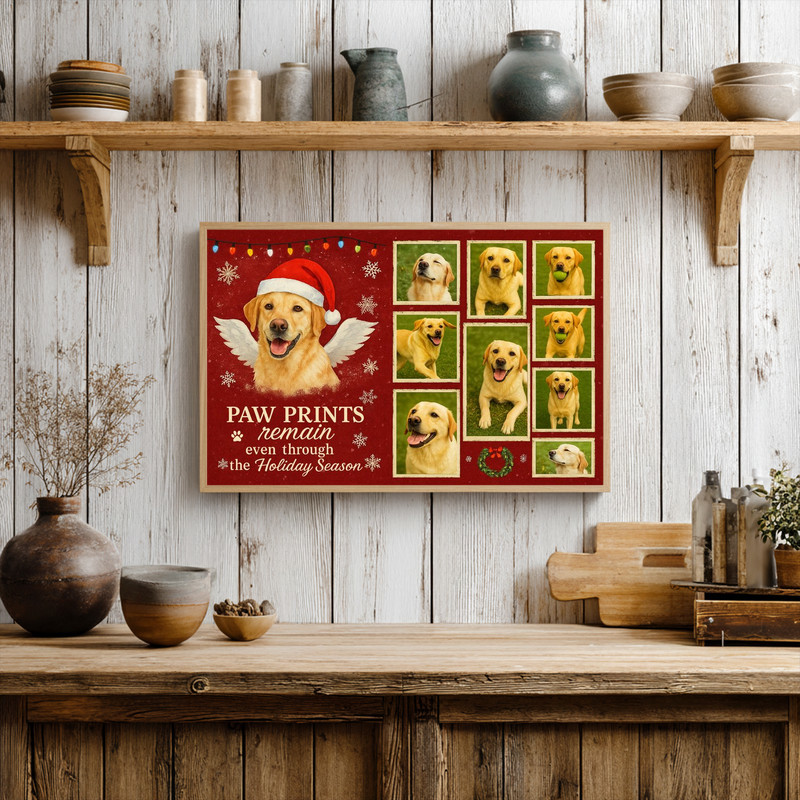 Dog memorial canvas wall art with Christmas theme, personalized photo collage and dates to honor a beloved pet’s memory
