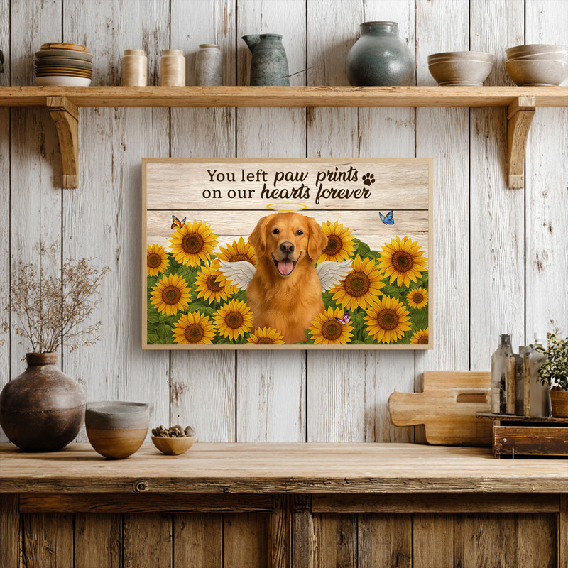 Dog memorial portrait canvas, whitewashed wood backdrop and warm yellow sunflowers, personalized dog photo and name for living room decor