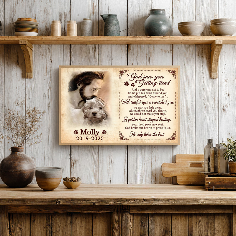 Dog memorial canvas, rustic wood background, vertical portrait with Jesus and angel; custom name and dates, living room decor