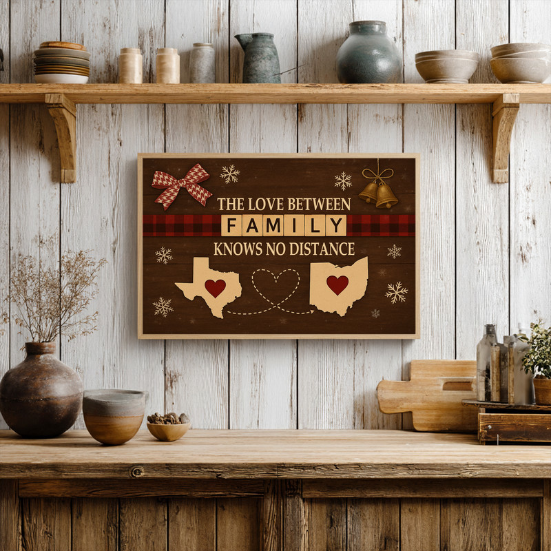 Custom family Christmas wall art, neutral farmhouse tones, personalized names and cities connecting loved ones, room decor