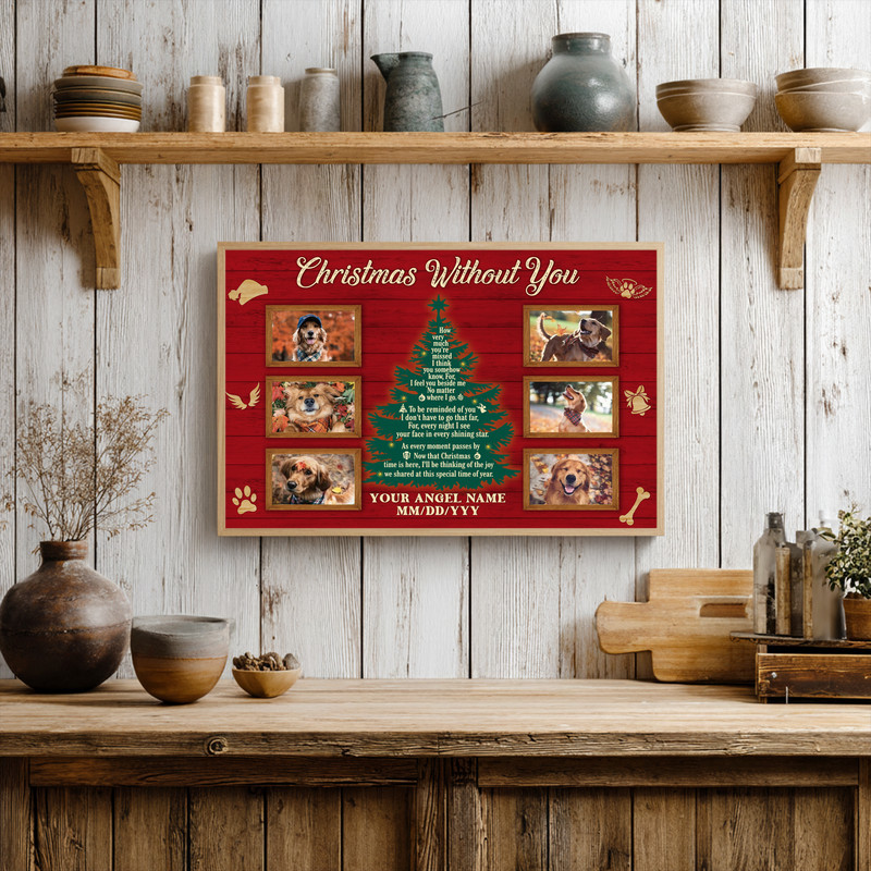 Farmhouse dog memorial canvas, Christmas Without You, landscape layout with snowflakes and pine, personalized pet name, dates