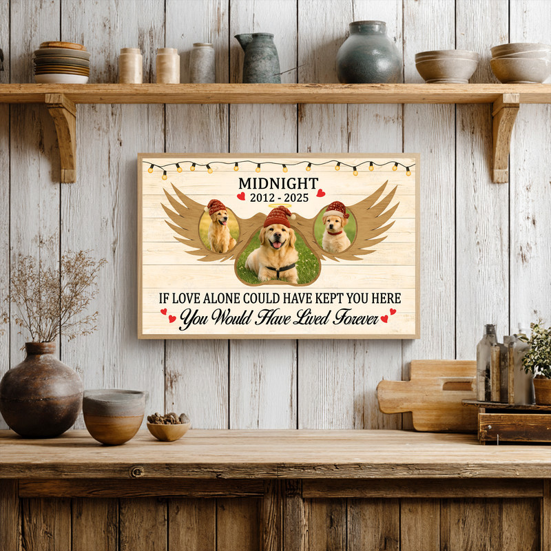 Farmhouse holiday pet remembrance canvas wall art, personalized names and dates, condolence gift for grieving cat owners