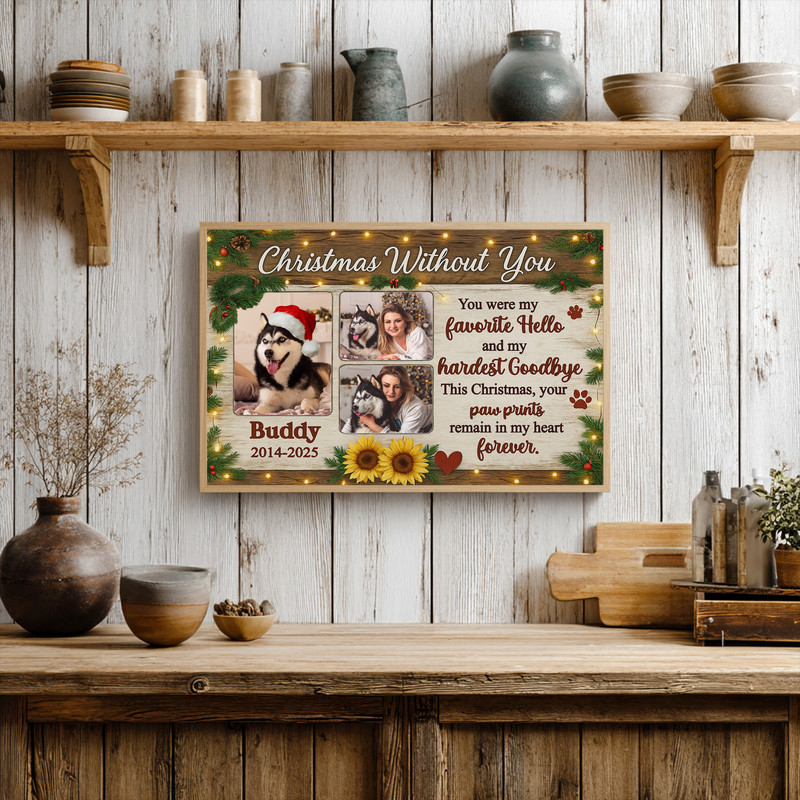 Farmhouse dog memorial photo collage canvas wall art, landscape layout with holly accents for Christmas, above mantel decor