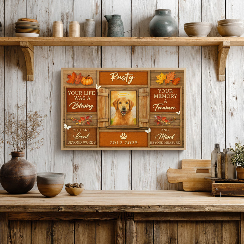 Farmhouse fall dog memorial canvas wall art, landscape with maple leaves, warm earth tones, personalized name and dates