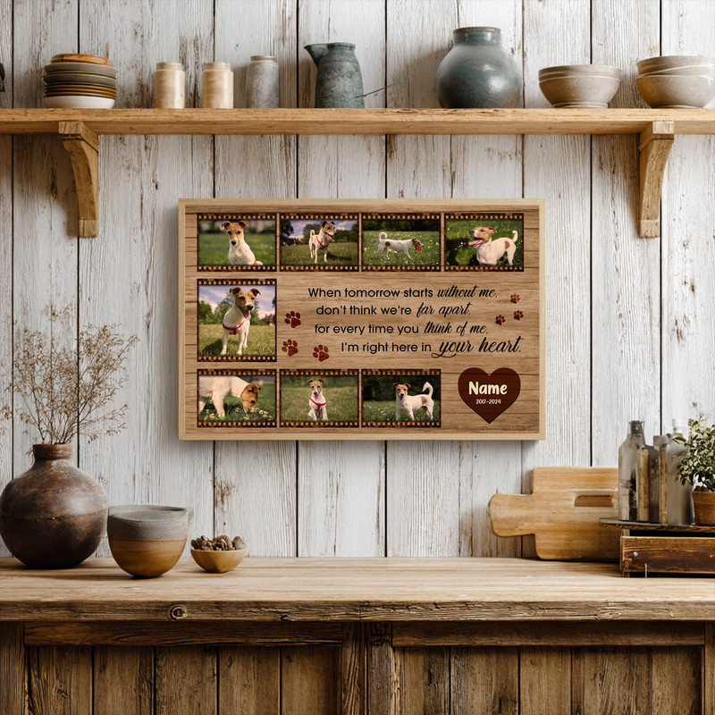 Dog memorial canvas wall art in farmhouse style, custom multi-photo collage with film strip frame, black-and-white photo aesthetic