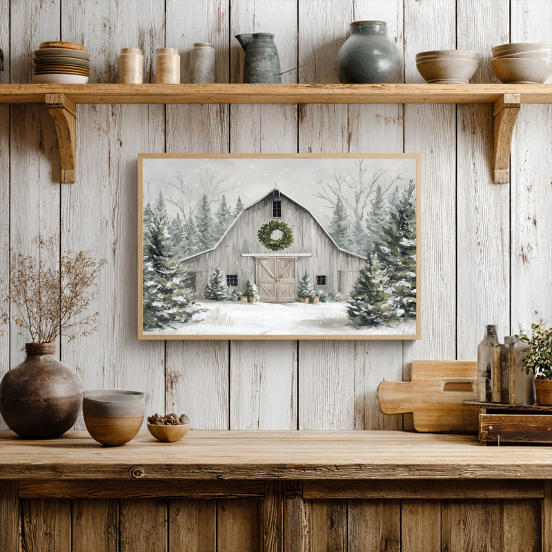 Farmhouse winter charm canvas wall art, rustic barn under winter sky with soft lights, touch for farmhouse entryway decor